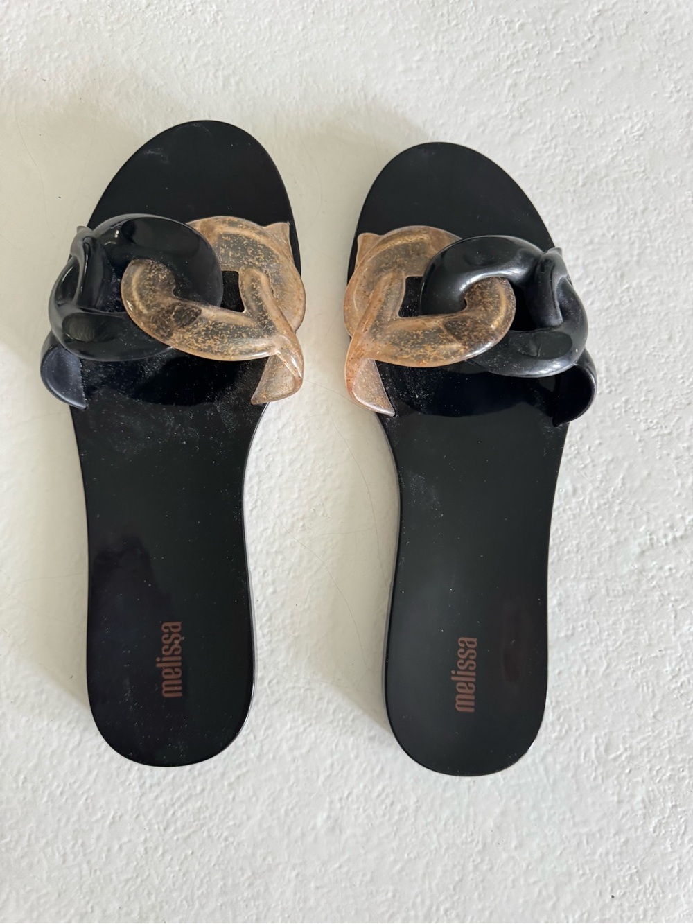 Melissa Black Slides with Metallic Gold-Link Detail